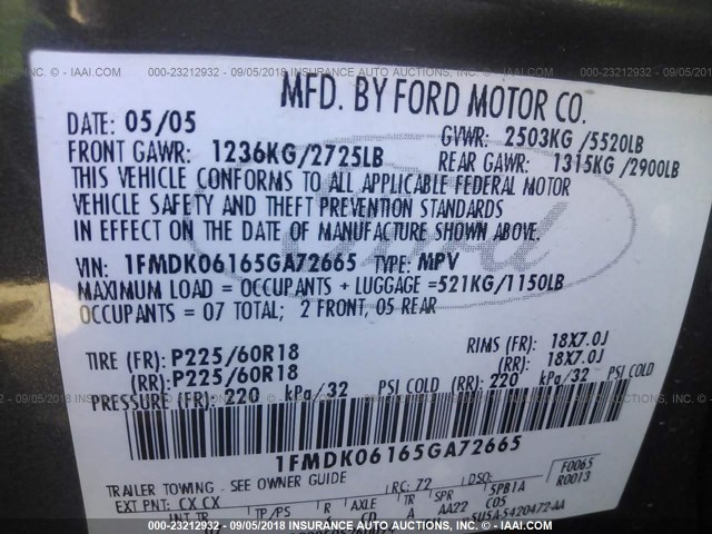 1FMDK06165GA72665 - 2005 FORD FREESTYLE LIMITED GRAY photo 9