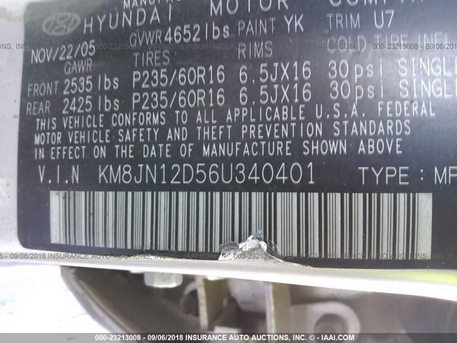 KM8JN12D56U340401 - 2006 HYUNDAI TUCSON GLS/LIMITED SILVER photo 9