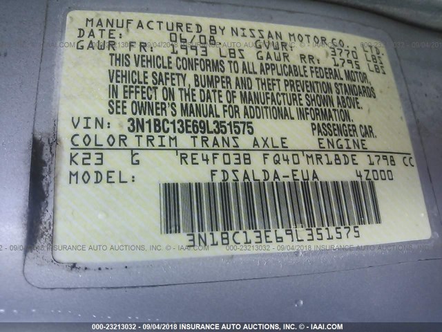 3N1BC13E69L351575 - 2009 NISSAN VERSA S/SL GRAY photo 9