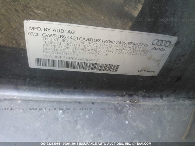 WAUNF78P66A030442 - 2006 AUDI A3 2.0 PREMIUM GRAY photo 9