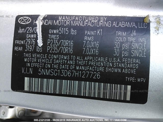 5NMSG13D67H127726 - 2007 HYUNDAI SANTA FE GLS SILVER photo 9