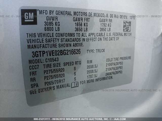 3GTP1VE02BG216626 - 2011 GMC SIERRA C1500 SLE SILVER photo 9