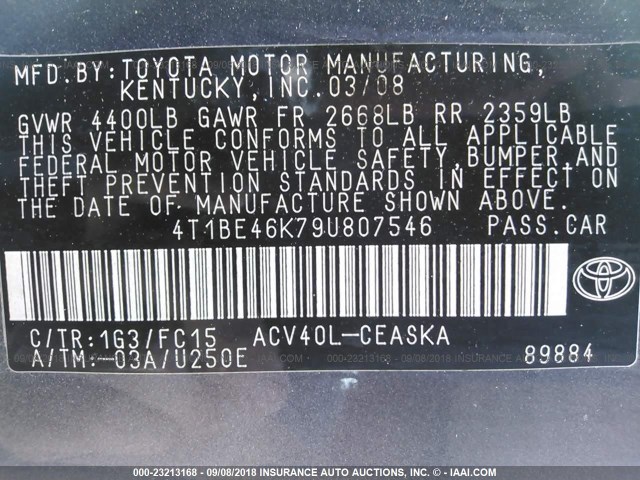 4T1BE46K79U807546 - 2009 TOYOTA CAMRY SE/LE/XLE GRAY photo 9