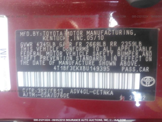 4T1BF3EKXBU149395 - 2011 TOYOTA CAMRY SE/LE/XLE წითელი ფოტო 9