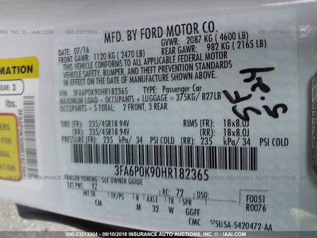 3FA6P0K90HR182365 - 2017 FORD FUSION TITANIUM WHITE photo 9