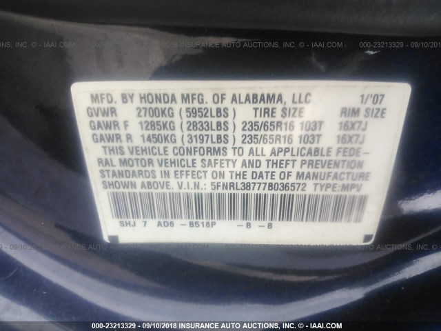 5FNRL38777B036572 - 2007 HONDA ODYSSEY EXL Dark Blue photo 9