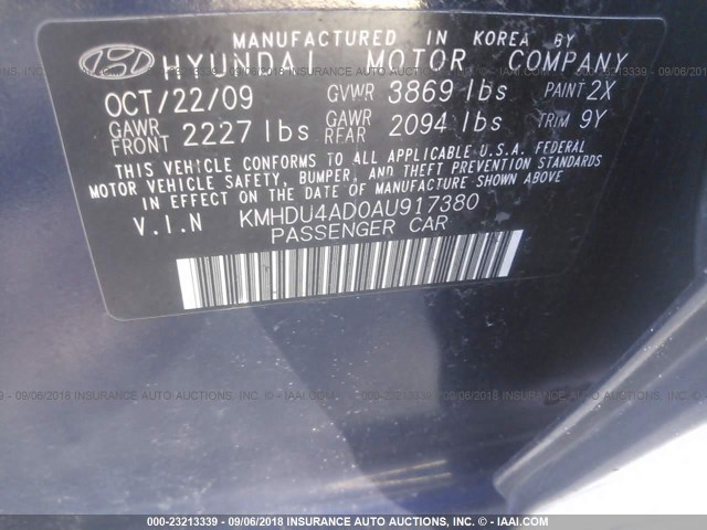 KMHDU4AD0AU917380 - 2010 HYUNDAI ELANTRA BLUE/GLS/SE BLUE photo 9