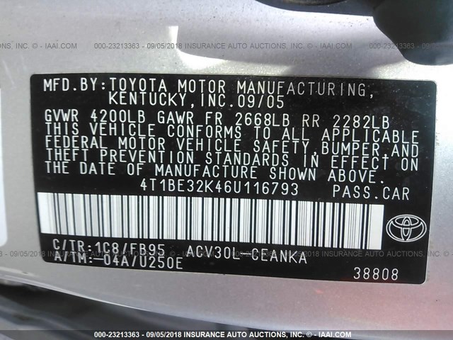 4T1BE32K46U116793 - 2006 TOYOTA CAMRY LE/XLE/SE 银色 照片 9