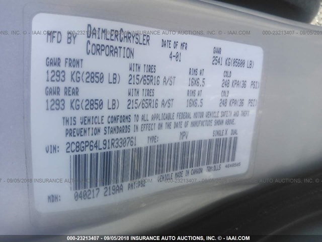 2C8GP64L91R330761 - 2001 CHRYSLER TOWN & COUNTRY LIMITED BLACK photo 9