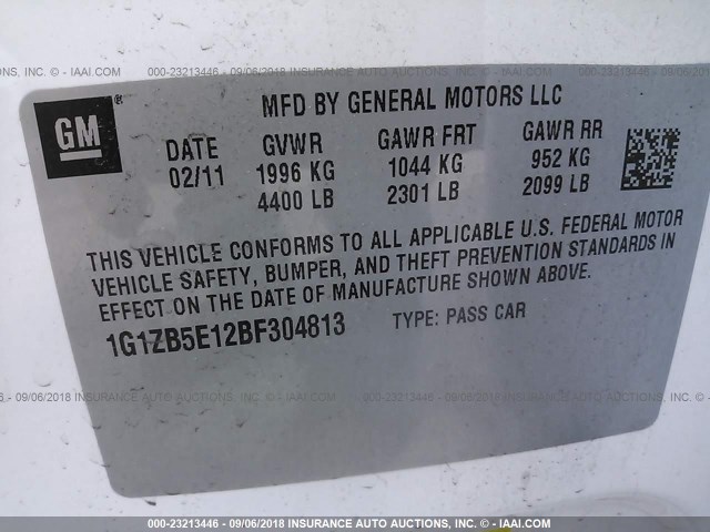 1G1ZB5E12BF304813 - 2011 CHEVROLET MALIBU LS Ağ foto 9