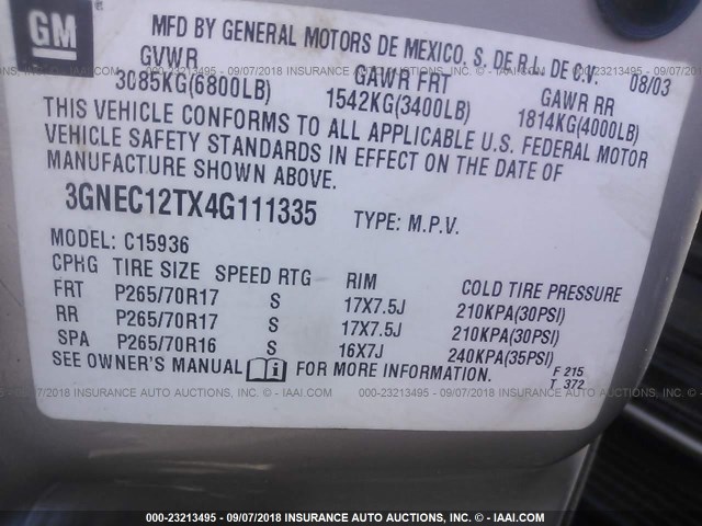 3GNEC12TX4G111335 - 2004 CHEVROLET AVALANCHE C1500 GRAY photo 9