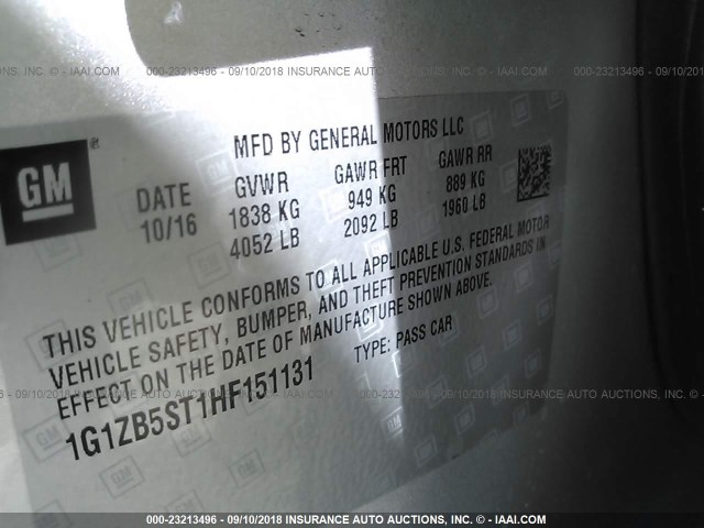 1G1ZB5ST1HF151131 - 2017 CHEVROLET MALIBU LS 银色 照片 9