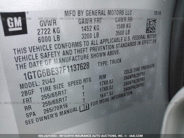 1GTG6BE37F1137628 - 2015 GMC CANYON SLE SILVER photo 9