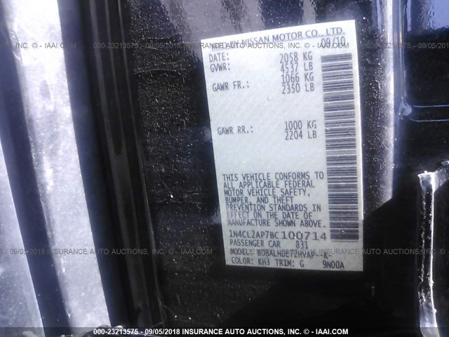 1N4CL2AP7BC100714 - 2011 NISSAN ALTIMA HYBRID BLACK photo 9