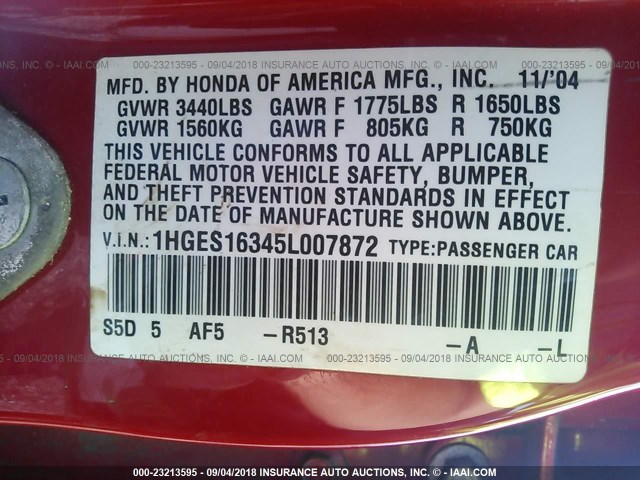 1HGES16345L007872 - 2005 HONDA CIVIC DX VP Qırmızı foto 9