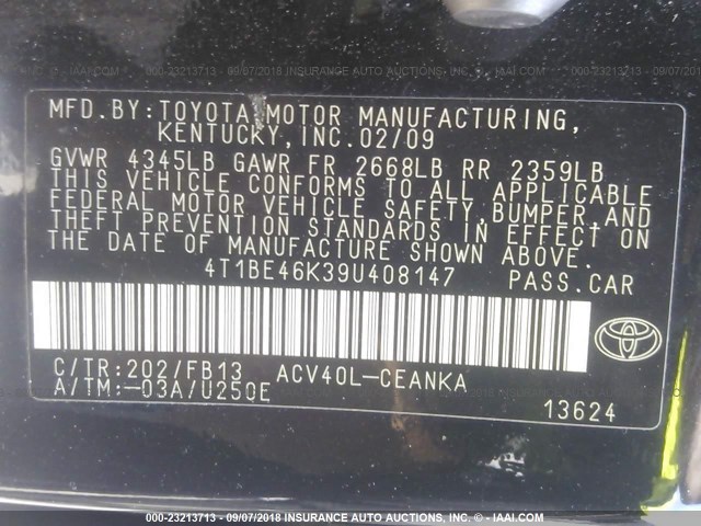 4T1BE46K39U408147 - 2009 TOYOTA CAMRY SE/LE/XLE BLACK photo 9