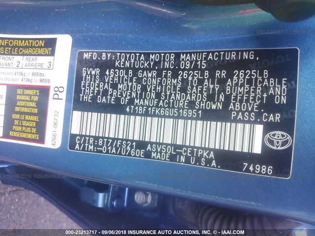 4T1BF1FK6GU516951 - 2016 TOYOTA CAMRY LE/XLE/SE/XSE 蓝色 照片 9