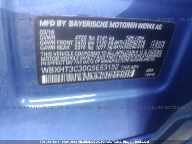 WBXHT3C30G5E53152 - 2016 BMW X1 XDRIVE28I Синий фото 9