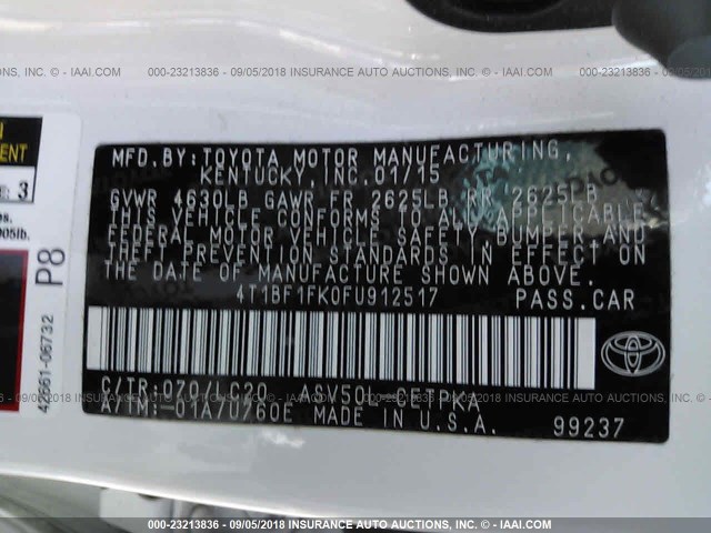 4T1BF1FK0FU912517 - 2015 TOYOTA CAMRY LE/XLE/SE/XSE 白色 照片 9