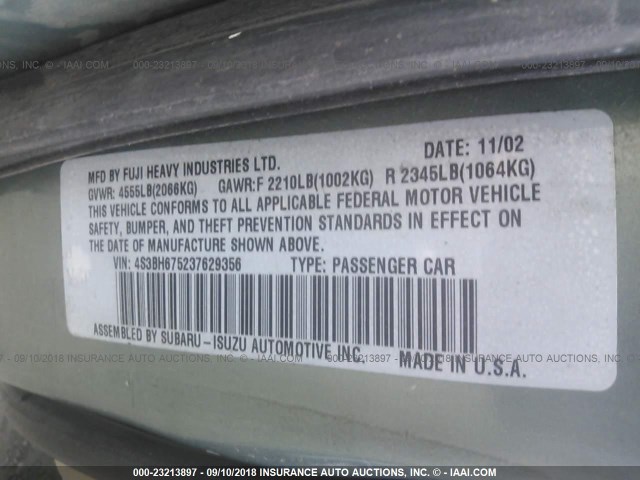 4S3BH675237629356 - 2003 SUBARU LEGACY OUTBACK AWP 绿色 照片 9