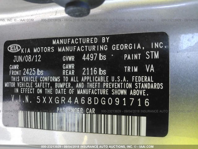 5XXGR4A68DG091716 - 2013 KIA OPTIMA SX SILVER photo 9