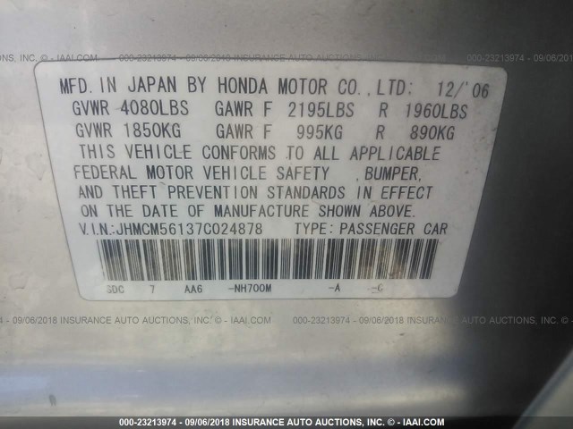 JHMCM56137C024878 - 2007 HONDA ACCORD VALUE SILVER photo 9