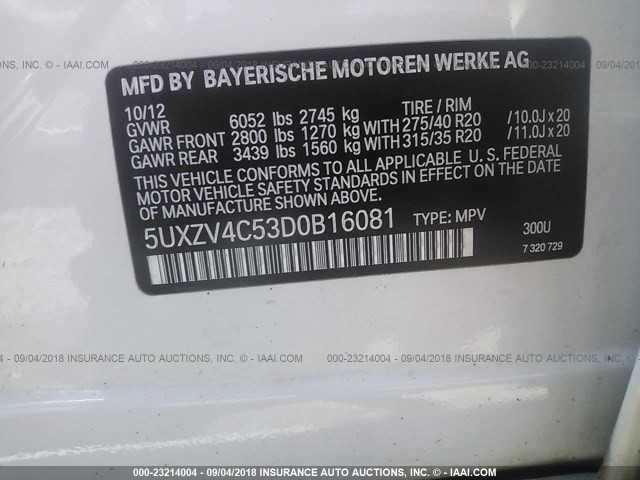 5UXZV4C53D0B16081 - 2013 BMW X5 XDRIVE35I WHITE photo 9