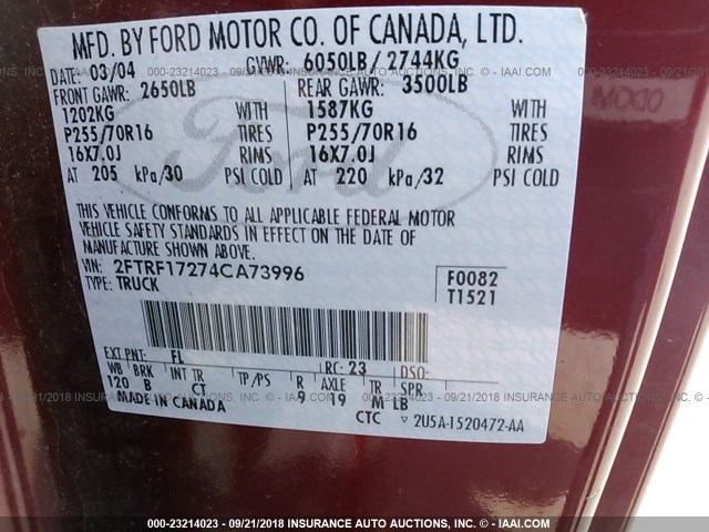 2FTRF17274CA73996 - 2004 FORD F-150 HERITAGE CLASSIC RED photo 9
