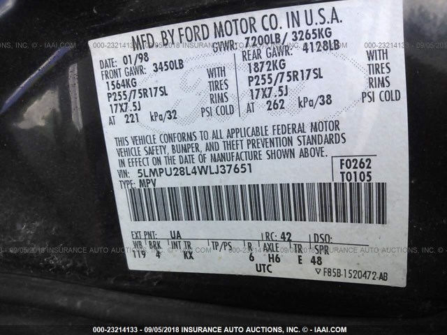 5LMPU28L4WLJ37651 - 1998 LINCOLN NAVIGATOR BLACK photo 9