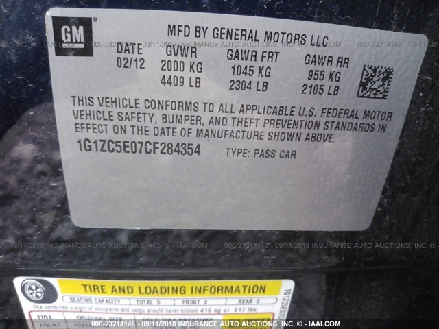 1G1ZC5E07CF284354 - 2012 CHEVROLET MALIBU 1LT მუქი ლურჯი ფოტო 9