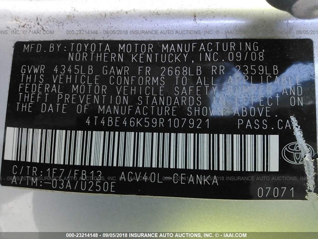 4T4BE46K59R107921 - 2009 TOYOTA CAMRY SE/LE/XLE SILVER photo 9