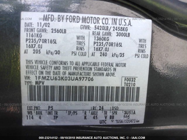 1FMZU63K03UA97706 - 2003 FORD EXPLORER XLT/XLT SPORT/NBX 绿色 照片 9