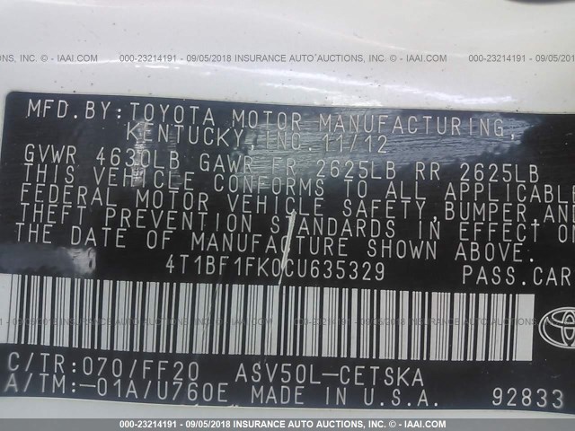 4T1BF1FK0CU635329 - 2012 TOYOTA CAMRY SE/LE/XLE თეთრი ფოტო 9