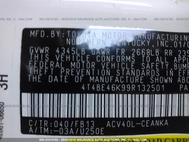 4T4BE46K99R132501 - 2009 TOYOTA CAMRY SE/LE/XLE WHITE photo 9