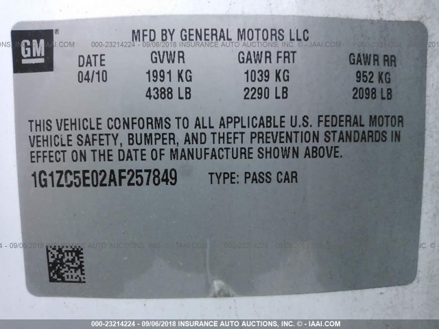 1G1ZC5E02AF257849 - 2010 CHEVROLET MALIBU 1LT თეთრი ფოტო 9