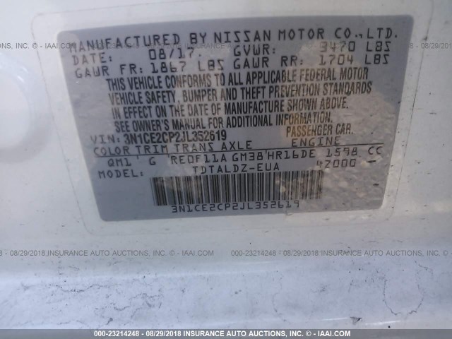 3N1CE2CP2JL352619 - 2018 NISSAN VERSA NOTE S/S PLUS/SV/SL/SR WHITE photo 9