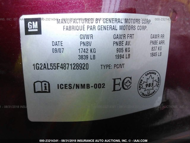 1G2AL55F487128920 - 2008 PONTIAC G5 SE RED photo 9