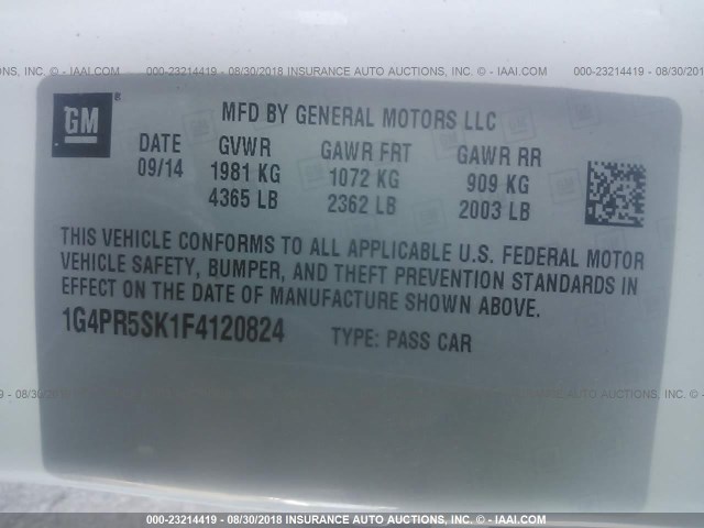 1G4PR5SK1F4120824 - 2015 BUICK VERANO CONVENIENCE WHITE photo 9