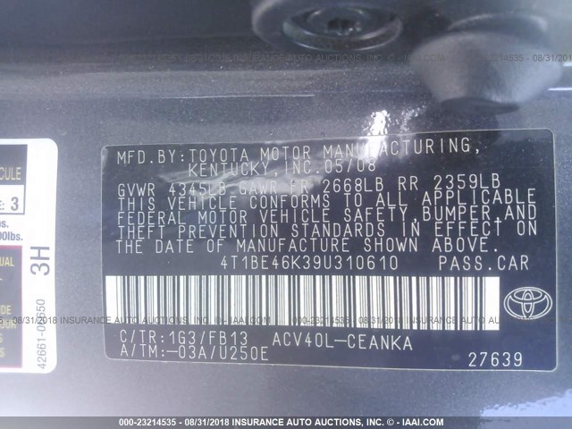 4T1BE46K39U310610 - 2009 TOYOTA CAMRY SE/LE/XLE GRAY photo 9