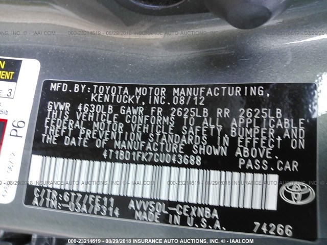 4T1BD1FK7CU043688 - 2012 TOYOTA CAMRY HYBRID/LE/XLE 绿色 照片 9