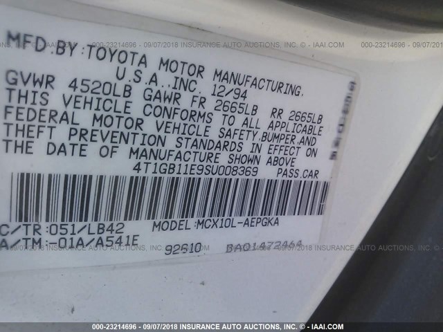 4T1GB11E9SU008369 - 1995 TOYOTA AVALON XLS WHITE photo 9