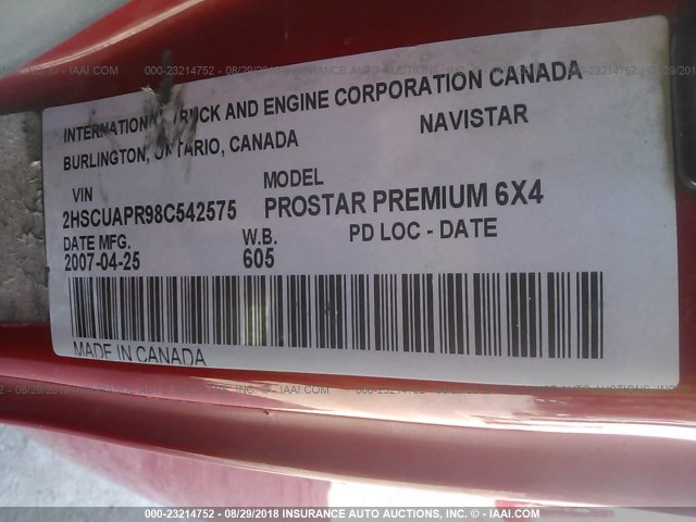 2HSCUAPR98C542575 - 2008 INTERNATIONAL PROSTAR PREMIUM  RED photo 10