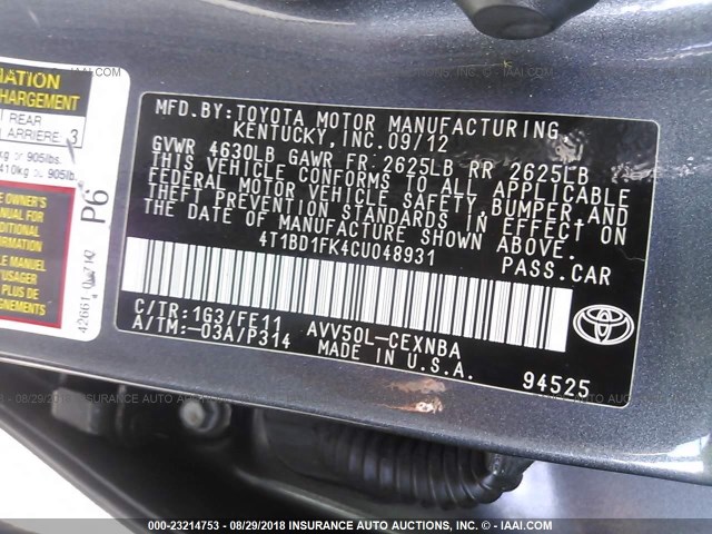 4T1BD1FK4CU048931 - 2012 TOYOTA CAMRY HYBRID/LE/XLE GRAY photo 9