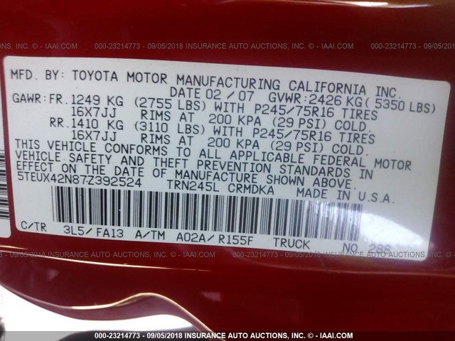 5TEUX42N87Z392524 - 2007 TOYOTA TACOMA Rot Foto 9