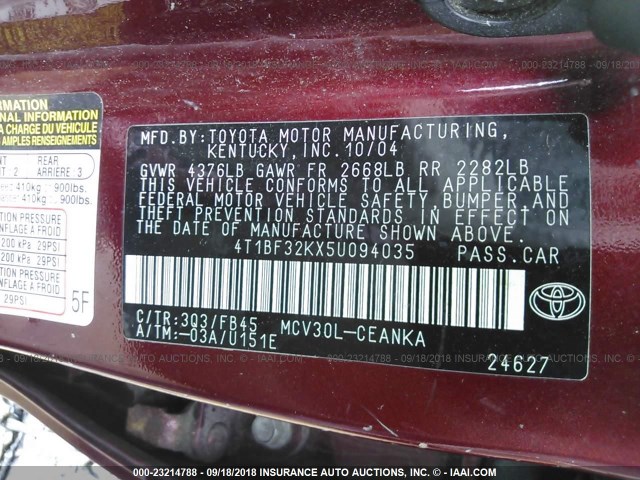 4T1BF32KX5U094035 - 2005 TOYOTA CAMRY LE/XLE/SE Qırmızı foto 9