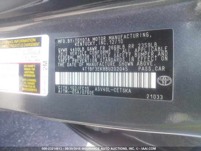 4T1BF3EK8BU202045 - 2011 TOYOTA CAMRY SE/LE/XLE 灰色 照片 9