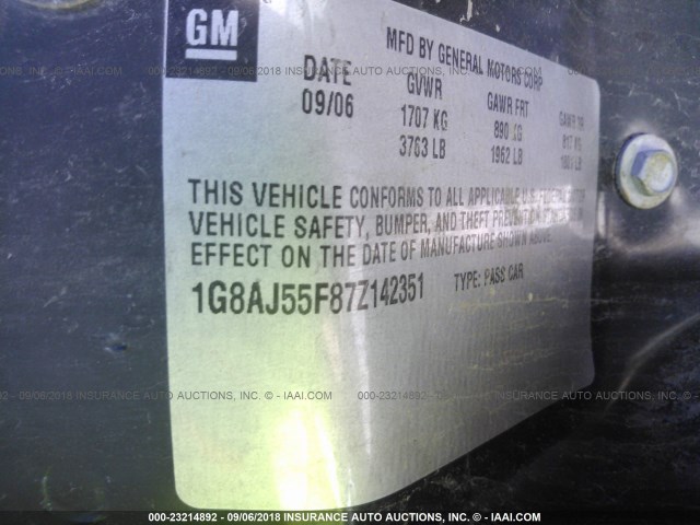 1G8AJ55F87Z142351 - 2007 SATURN ION LEVEL 2 黑色 照片 9