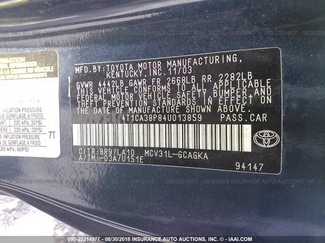 4T1CA38P84U013859 - 2004 TOYOTA CAMRY SOLARA SE/SLE Mavi foto 9