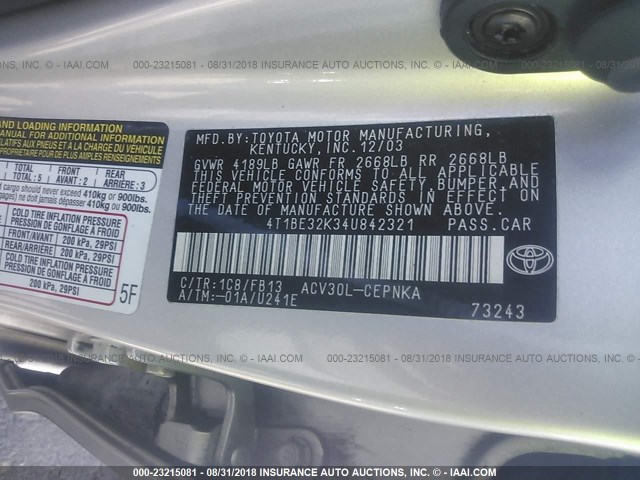 4T1BE32K34U842321 - 2004 TOYOTA CAMRY LE/XLE/SE SILVER photo 9