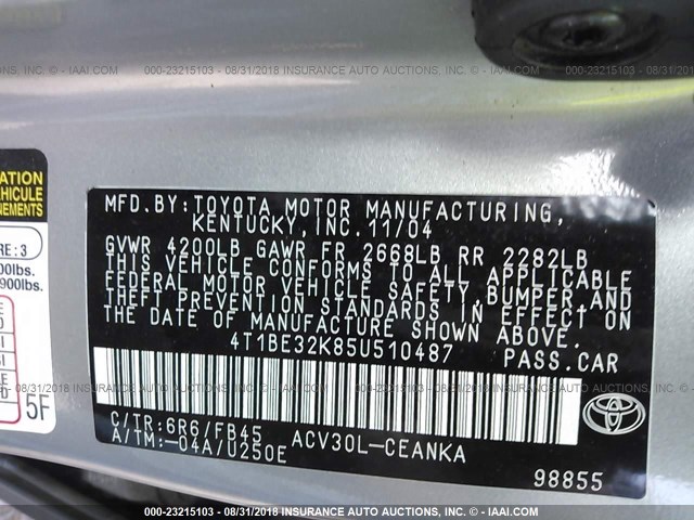 4T1BE32K85U510487 - 2005 TOYOTA CAMRY LE/XLE/SE 绿色 照片 9